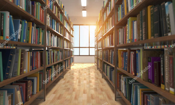 Library stacks of books and bookshelf. 3d illustration